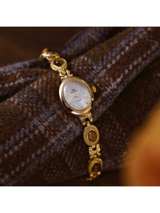 Women\'s Gold White Vintage Bracelet Elegant Jade Oval Dial Quartz Wrist Watch main image 5